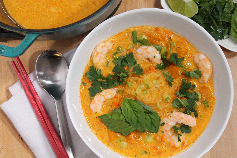 Red Curry Kabocha Squash Soup with Shrimp & Noodles | Souper Slurpable