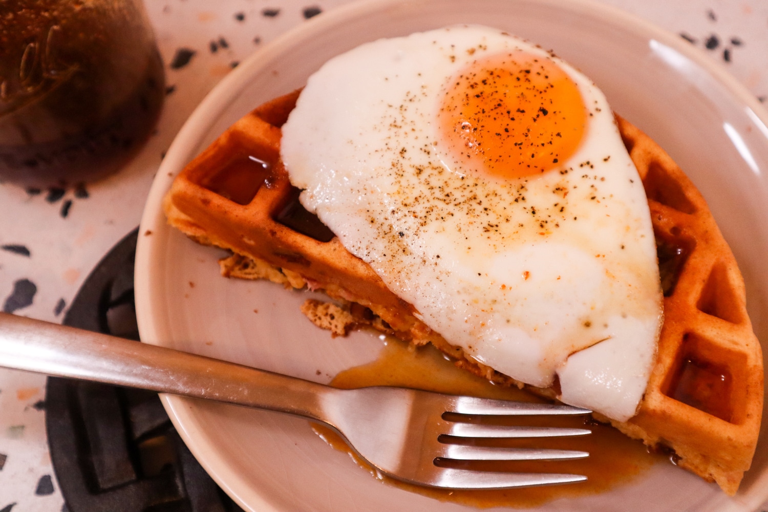 Ham & Cheese Waffles with Maple Sriracha Syrup