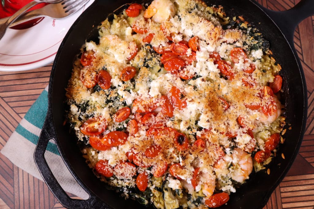 Mediterranean Baked Shrimp Orzo | One Skillet Meal