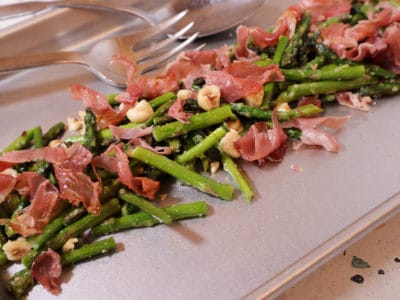 Sheet Pan Roasted Asparagus with Prosciutto & Hazelnuts