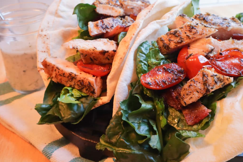 Chicken & Bacon Pita with Spinach, Tomatoes, & Feta Dressing