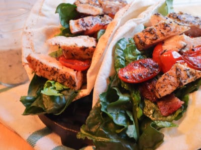 Chicken & Bacon Pita with Spinach, Tomatoes, & Feta Dressing