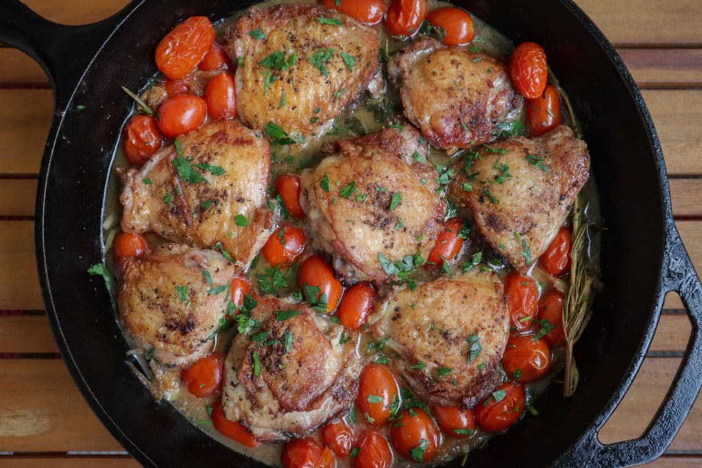 Oven Roasted Chicken Thighs with Herbs & Blistered Tomatoes