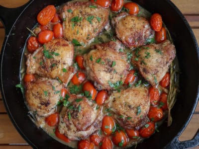 Oven Roasted Chicken Thighs with Herbs & Blistered Tomatoes